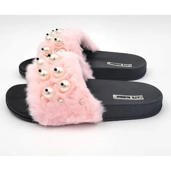 Cape Robbin Moira Women Slip On Skids Sandal Size 5 Pink Faux Fur & Pearl Accent - Picture 7 of 8